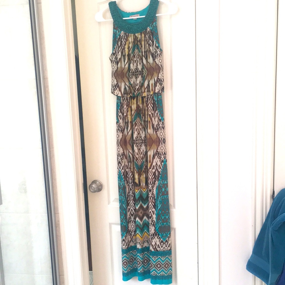 Turquoise, brown and tan, dress with beads detail around the neckline, size 4-6